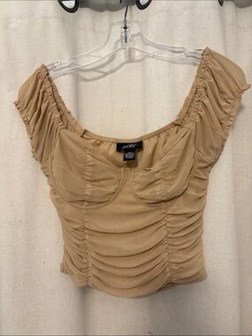 Ruched Square-Neck Crop Top in Beige